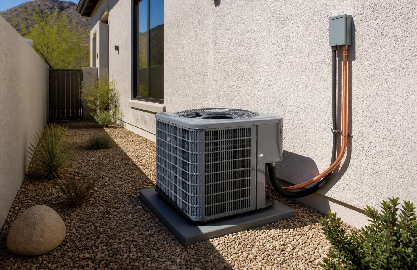 New residential air conditioning condenser installed beside an Arizona home
