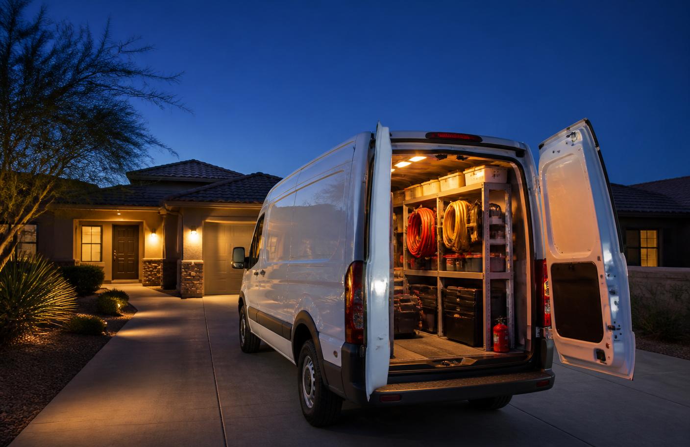 HVAC service van parked at a Phoenix home at night with equipment inside