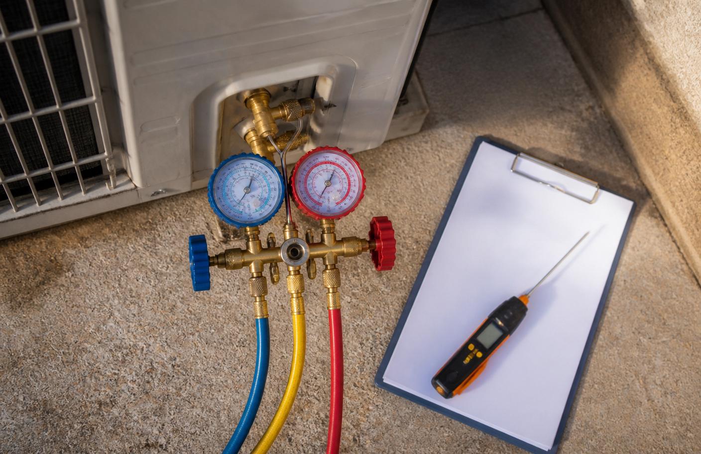 HVAC technician servicing a residential air conditioning condenser in Phoenix